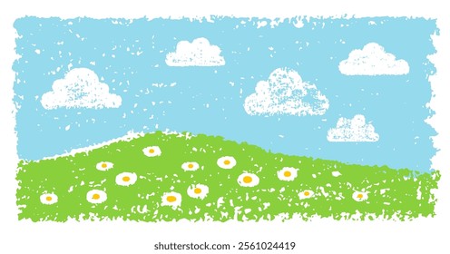 Grass and sky background. Crayon kid landscape with spring field. Vector green grass, flower, blue sky, cloud child wax pastel painting. Spring nature meadow landscape crayon illustration background