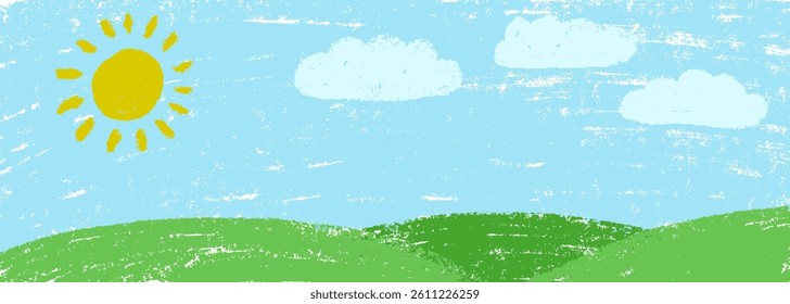 Grass and sky background. Crayon kid landscape with spring field. Vector green grass, flower, blue sky, cloud child wax pastel painting. Spring nature meadow landscape crayon illustration background