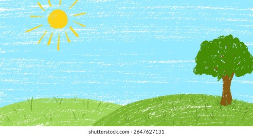 Grass and sky background. Crayon kid landscape with spring field. Vector green grass, flower, blue sky, cloud child wax pastel painting. Spring nature meadow landscape crayon illustration background.