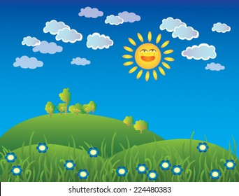 Grass Sky Clouds Sun Illustration Stock Vector (Royalty Free) 224480383 ...