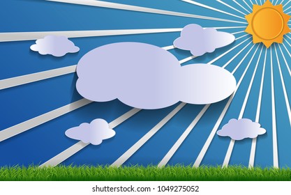 Grass, sky, clouds, and the sun shine on a bright day. The paper is cut into a picture. For use in printed media, brochures or to be used in articles in nature and environment