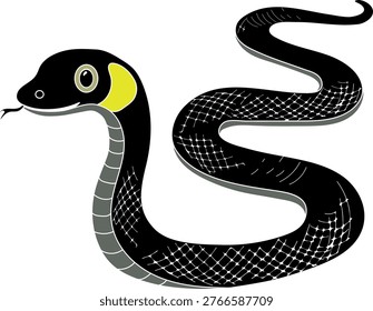 Grass snake cartoon character. Cute black snake with yellow spots. Non-venomous serpent vector illustration isolated on white