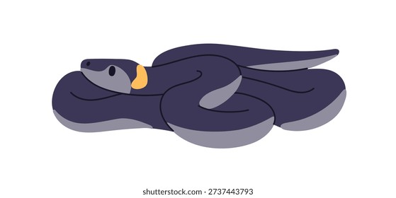 Grass snake coiled and resting. Calm forest reptile animal with black body and yellow spots on head, tail curved. Wildlife, wild fauna, adder. Flat vector illustration isolated on white background.