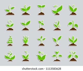Grass sticker icons set. Web flat sign kit of plant. Sprout pictogram collection includes bio, eco, save nature. Simple grass symbol. Colorful icon for patch, badge, pin. Vector Illustration
