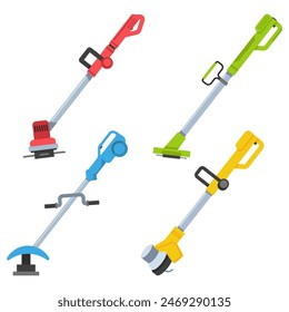 Grass string trimmers vector cartoon set isolated on a white background.