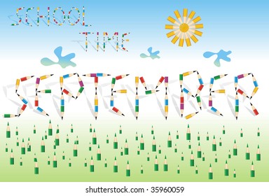 Grass, sun and words formed from colored pencils on blue background