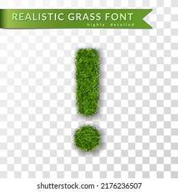 Grass symbol exclamation mark for text, dot alphabet 3D design. Green font isolated white transparent background, shadow. Symbol nature environment save the planet. Detailed meadow Vector illustration