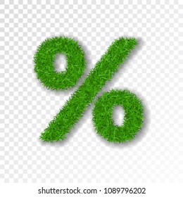 Grass symbol percent. Green percent, isolated on white transparent background. Green grass 3D percent, fresh symbol of nature, plant lawn, summer. Grass texture spring. Eco design Vector illustration