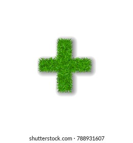 Grass Symbol Plus. Green Plus, Isolated On White Background. Green Grass 3D Plus, Symbol Of Fresh Nature, Plant Lawn, Summer. Grass Texture Spring Font. Beautiful Eco Design Vector Illustration