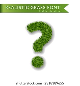 Grass symbol question mark for text, dot, alphabet 3D design. Green font isolated white background, shadow. Symbol eco nature, environment, save the planet. Detailed plant meadow. Vector illustration