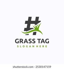 Grass tag logo design template. Hashtag sign concept with grassland. Creative vector symbol.