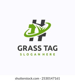 Grass tag logo design template. Hashtag sign concept with grassland. Creative vector symbol.