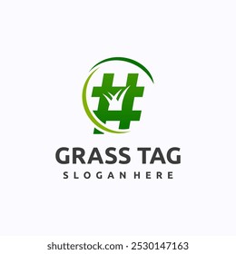 Grass tag logo design template. Hashtag sign concept with grassland. Creative vector symbol.