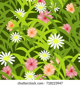 Grass texture with flowers. Seamless pattern for background. Can be used in landscape or garden scene. Vector illustration