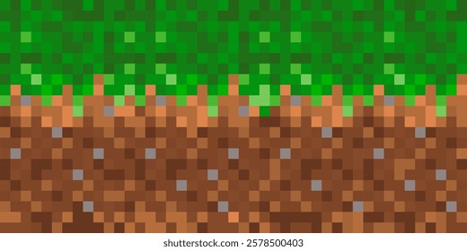 Grass texture with soil in pixel style. 8-bit pixel art playground. Game ground pixelated background. Vector illustration.