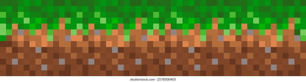 Grass texture with soil in pixel style. 8-bit pixel art playground. Game ground pixelated background. Vector illustration.