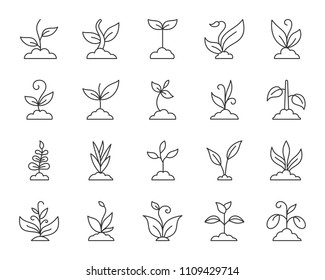 Grass thin line icons set. Outline web sign kit of plant. Sprout linear icon collection includes sapling, grow, bush. Simple grass black contour symbol isolated on white. Vector Illustration