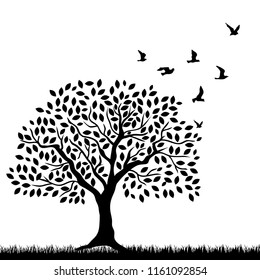 grass, tree and birds, vector background