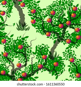 grass and trees with apples and leaves are randomly located on a light green background. art seamless pattern. vector