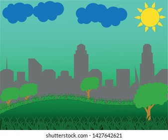 Grass, trees, city, horizon line, clouds, sun and hill