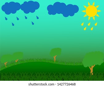 Grass and trees on ground hill with rain from clouds and light from the sun