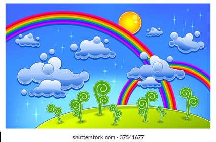 Grass, trees and two rainbow, cartoon landscape, vector illustration