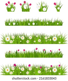 Grass, tulips and daises set. Green flowering meadow collection. Spring and summer flowers. Flat vector illustration.