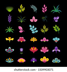 Grass, twigs, leaves and flowers isolated on black background. Set of botanical elements. Vector illustration of floral design elements in simple flat style.