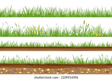 Gras mit unterirdischer Bodenschicht und Felsen nahtlose Grenzen. Wiese mit Blumen und Ohren. Bodenschmutz, Bodenquerschnitt, Vektorset. Umweltfläche mit Grasland und Steinen