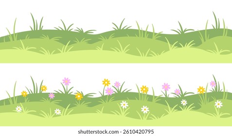 Grass vector elements for design, nature background green, cartoon grass with flowers isolated, meadow with flowers vector, cute flowers clip art, spring background, summer vector background scenery
