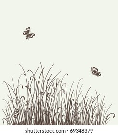 grass vector silhouette with beautiful pair butterfly