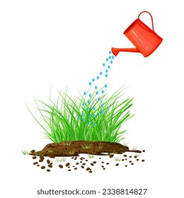 Grass, watering can and soil pile on white background. Young lawn irrigation.Watering, fertilization and paddock care.Watering the young plants from watering can.Seasonal gardening.Vector illustration