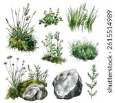 Grass, wild herbs and stones vector illustration. Natural grass and field plants with mossy rocks. Meadow plants, stones and herbs in a realistic nature composition.