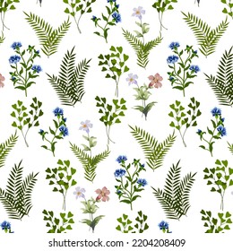 Grass and wildflowers in a pattern.Vector pattern with field and meadow plants on a transparent background.