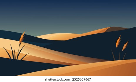 Grasses moving gracefully atop dark sand dunes, illustrating the dynamic interplay of nature flat vector illustration