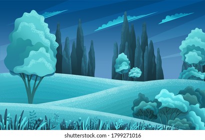 Grasses, stems, spacious meadow or field, bushes, shrubs, variety of deciduous trees, night dark sky with clouds. Summer night in nature, rural or forest. Flat design for website, game, banner