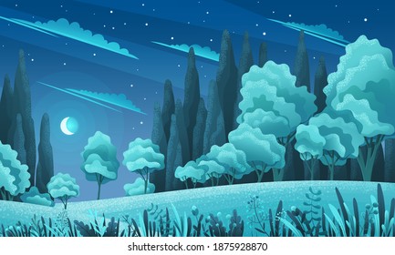 Grasses, stems, spacious meadow or field, bushes, shrubs, variety of deciduous trees, night dark sky with clouds. Summer night in nature, rural or forest. Flat design for website, game, banner