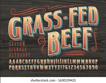 Grass-fed beef custom signage alphabet. A condensed font with ornate detailing & alternate characters. Great for food service signage, food trucks, markets. This lettering has a classic signage style.