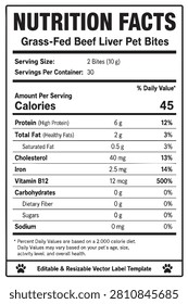 grass-fed beef liver pet bites nutrition facts vector label template
