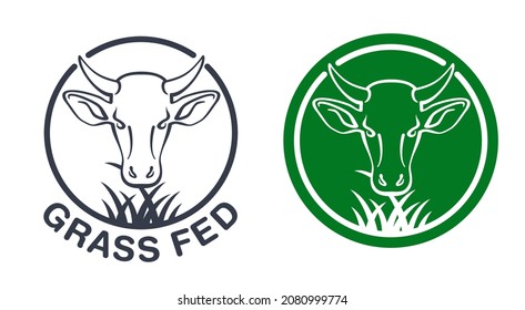Grass-fed flat label for beef meat- cow chewing grass in circular stamp. Isolated vector emblem