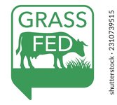 Grass-fed flat square sticker for beef meat - shape of cow chewing grass in circular stamp. Isolated vector emblem