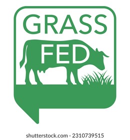 Grass-fed flat square sticker for beef meat - shape of cow chewing grass in circular stamp. Isolated vector emblem