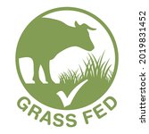 Grass-fed flat sticker for beef labeling - silhouette of cow chewing grass in circular stamp. Isolated vector emblem