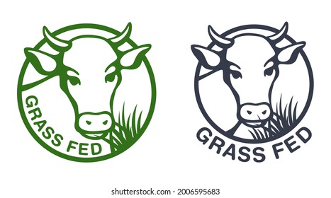 Grass-fed flat sticker for beef labeling - cow chewing grass in circular stamp. Isolated vector emblem