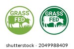 Grass-fed flat sticker for beef meat - shape of cow chewing grass in circular stamp. Isolated vector emblem