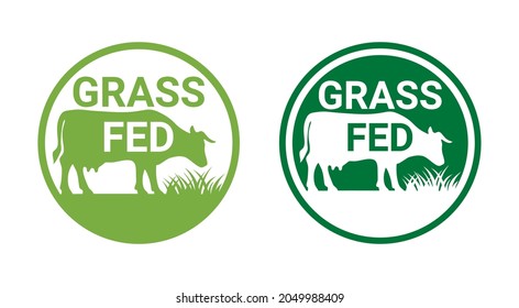 Grass-fed flat sticker for beef meat - shape of cow chewing grass in circular stamp. Isolated vector emblem
