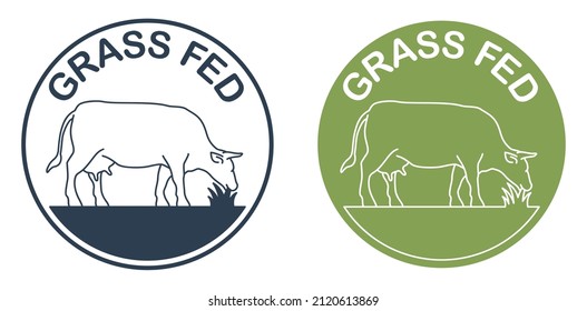 Grass-fed flat sticker for beef meat - shape of cow chewing grass in circular stamp. Isolated vector emblem in thin line