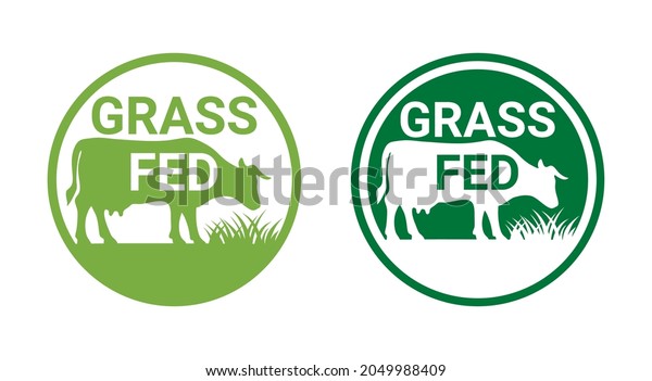 Grass-fed flat sticker for\
beef meat - shape of cow chewing grass in circular stamp. Isolated\
vector emblem