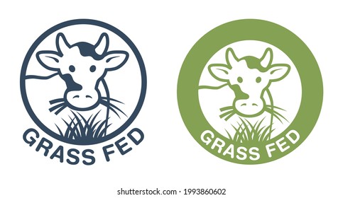 Grass-fed sticker for beef labeling - cow chewing grass in circular stamp. Isolated flet vector emblem
