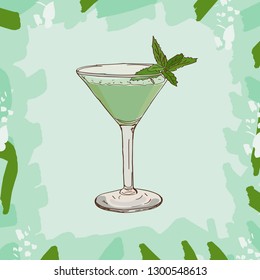 Grasshoper-Cocktail-Illustration. Alkoholische klassische Bar trinken handgezeichnet Vektorgrafik. Pop-Art